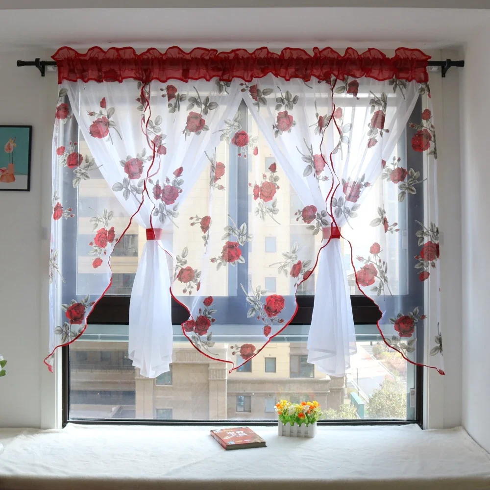 Flowers Printing Organza and White Voile Double Layers Livingroom Curtains, Sheer Kitchen Balcony Window Curtain