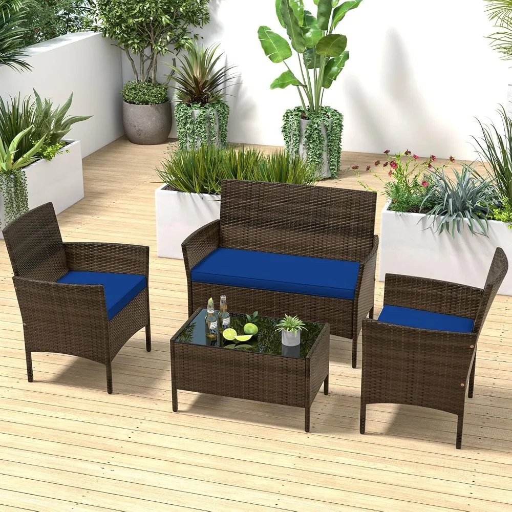 

4-piece set of courtyard furniture, rattan chairs, cushioned sofas and glass tables, outdoor willow conversation set
