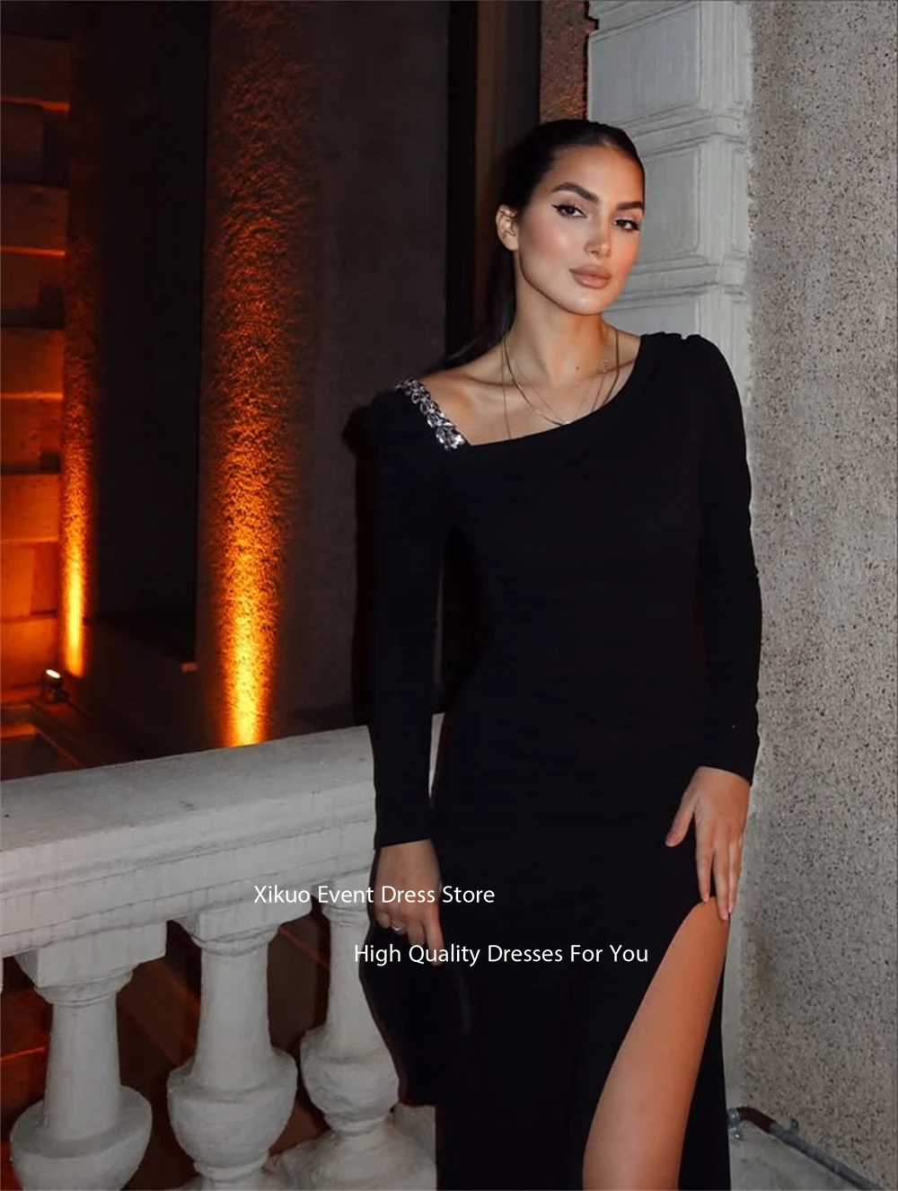 Xikuo preto alta fenda vestidos de noite bling cristal mangas compridas robe cocktail femmes até o chão sexy vestidos de baile personalizado