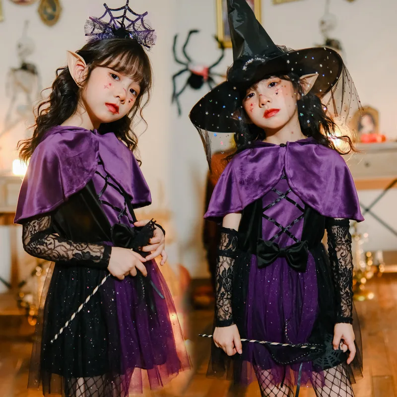 

Halloween Girls Witch Dress Gothic Ghost Vampire Costume Gown Robe Party Dress Witch Shawl for Carnival Party Fancy Dress