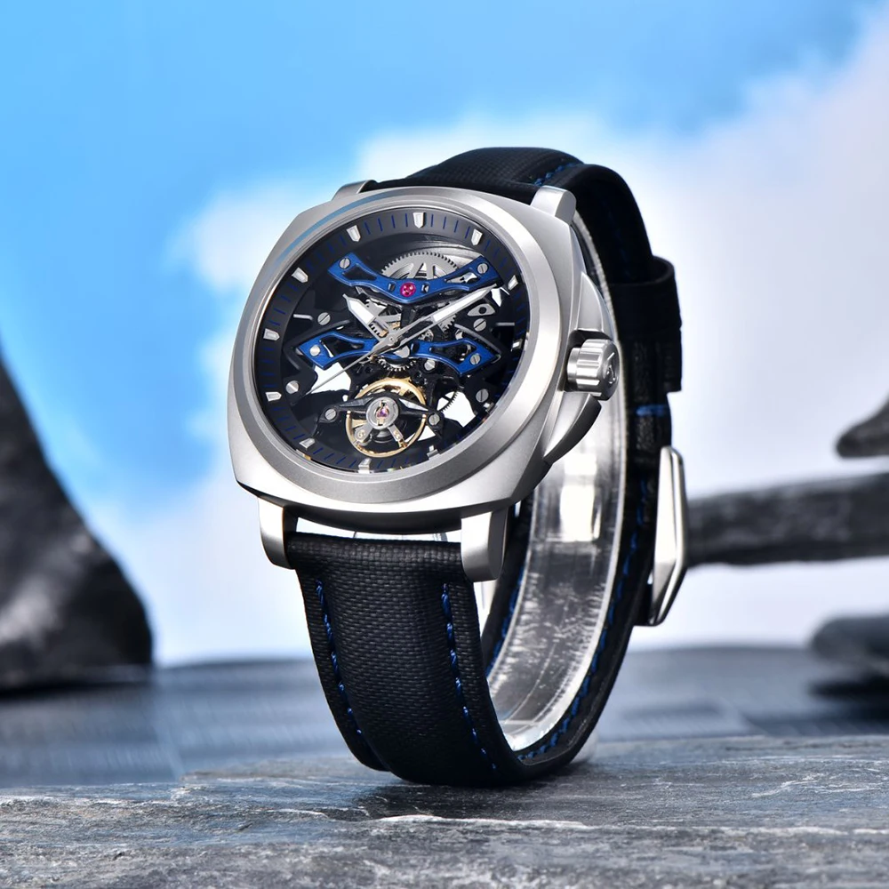 PAGANI DESIGN Orologio sportivo meccanico automatico da uomo Orologio da uomo quadrato in pelle di moda impermeabile luminoso regalo per festival + scatola