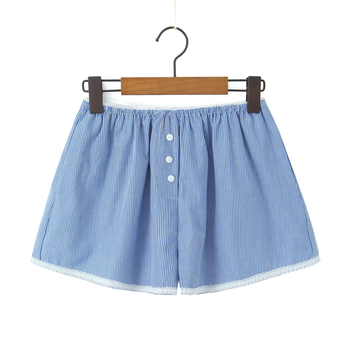 Chic Blue White Stripes Spliced Lace Straight Shorts Women Elastic Waist Short Pants Loose Wide Leg Shorts Pink