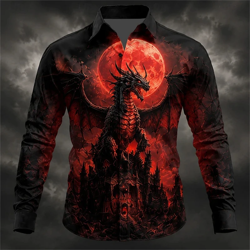 Autumn and Winter Men's Casual Round-Neck Long-Sleeve Shirt Flame Dragon Print Collared Button-Down Shirt Fashionable Men's Tops