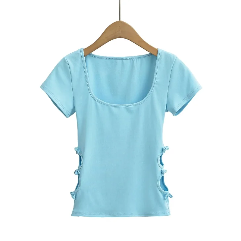 Bow Hollow Square collar Summer New Solid Women Short Sleeve Tops Sexy Pullover Bottoming Blouses T-shirt