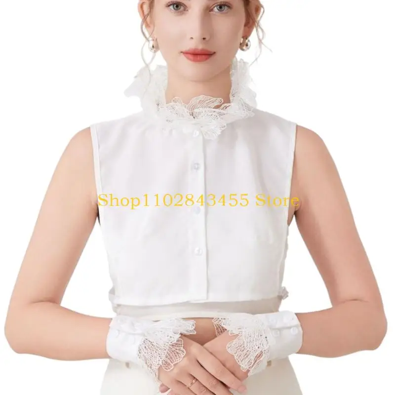 49MC High Neck Decorative Collar And Arm Sleeves Set with Lace Design Outfit Enhancer