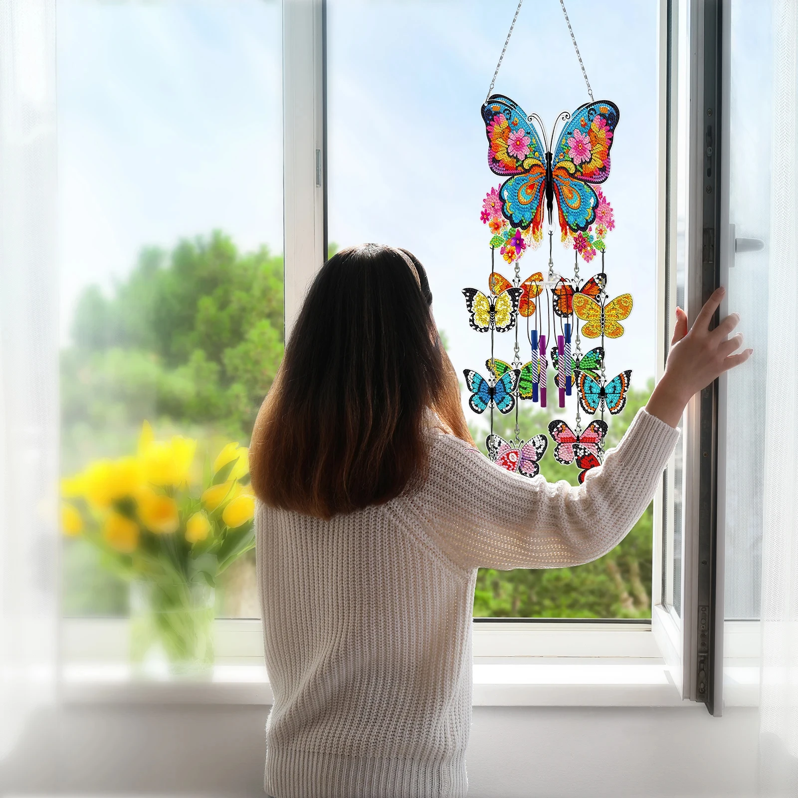 Dispaint 5D DIY Diamond Painting Double Side Wind Chime Butterfly Dot Pendant Embroidery Hanging Gift Window Pendant Home Decor