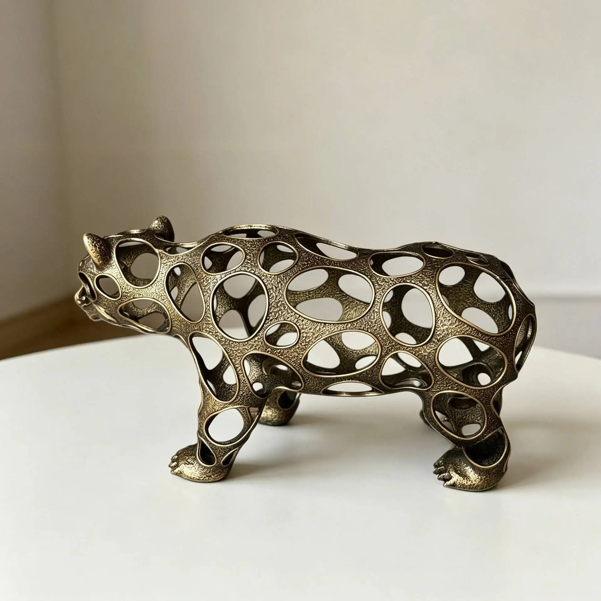Golden Bear Metal Rhino Creative Geometric Hollowed-Out Animal Sculpture Realistic Animal Sculpture Home Decoration Accessories