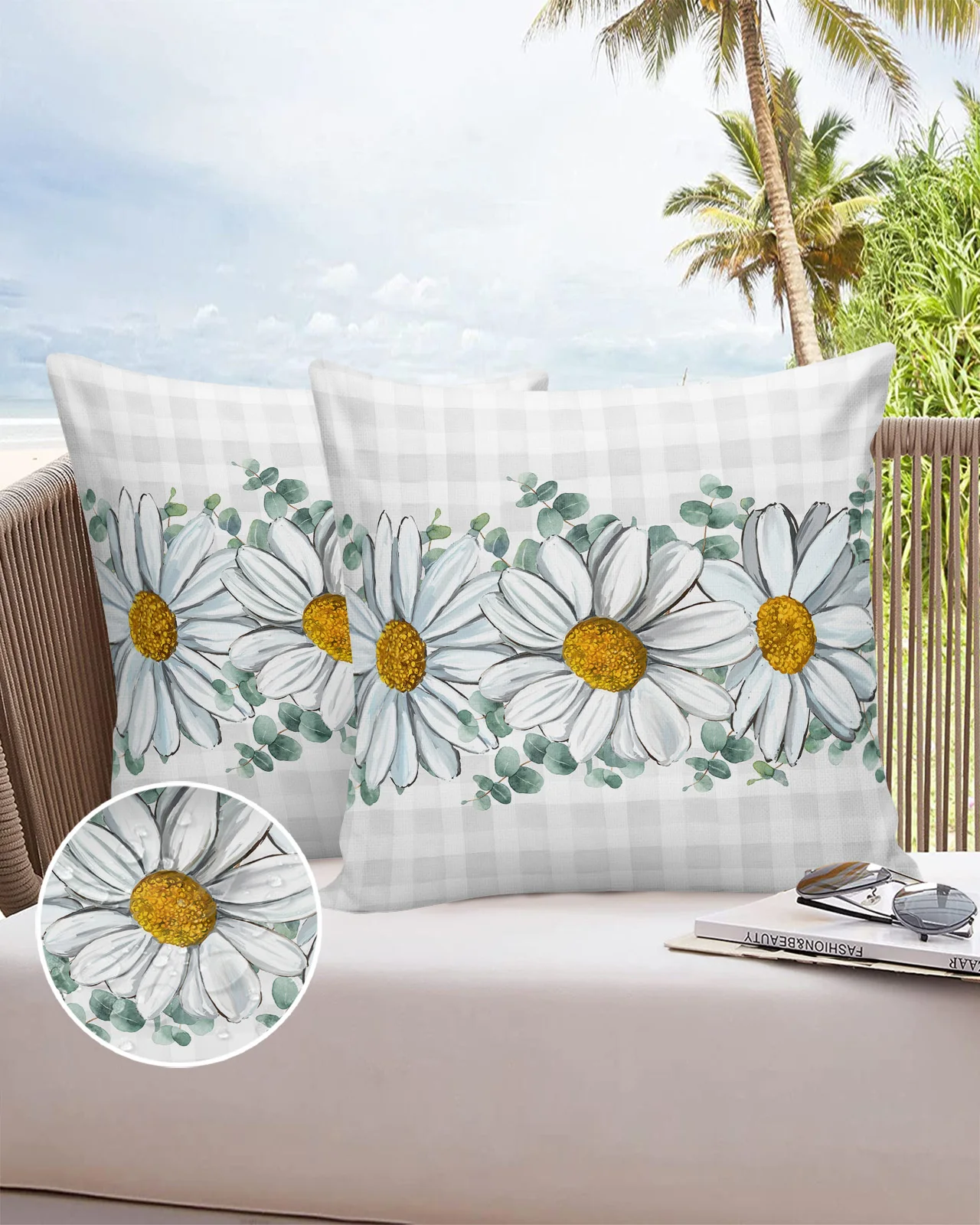 White Daisy Eucalyptus Leaf Waterproof Pillow Cover Home Office Decoration Pillow Case Chair Sofa Cushion Cover