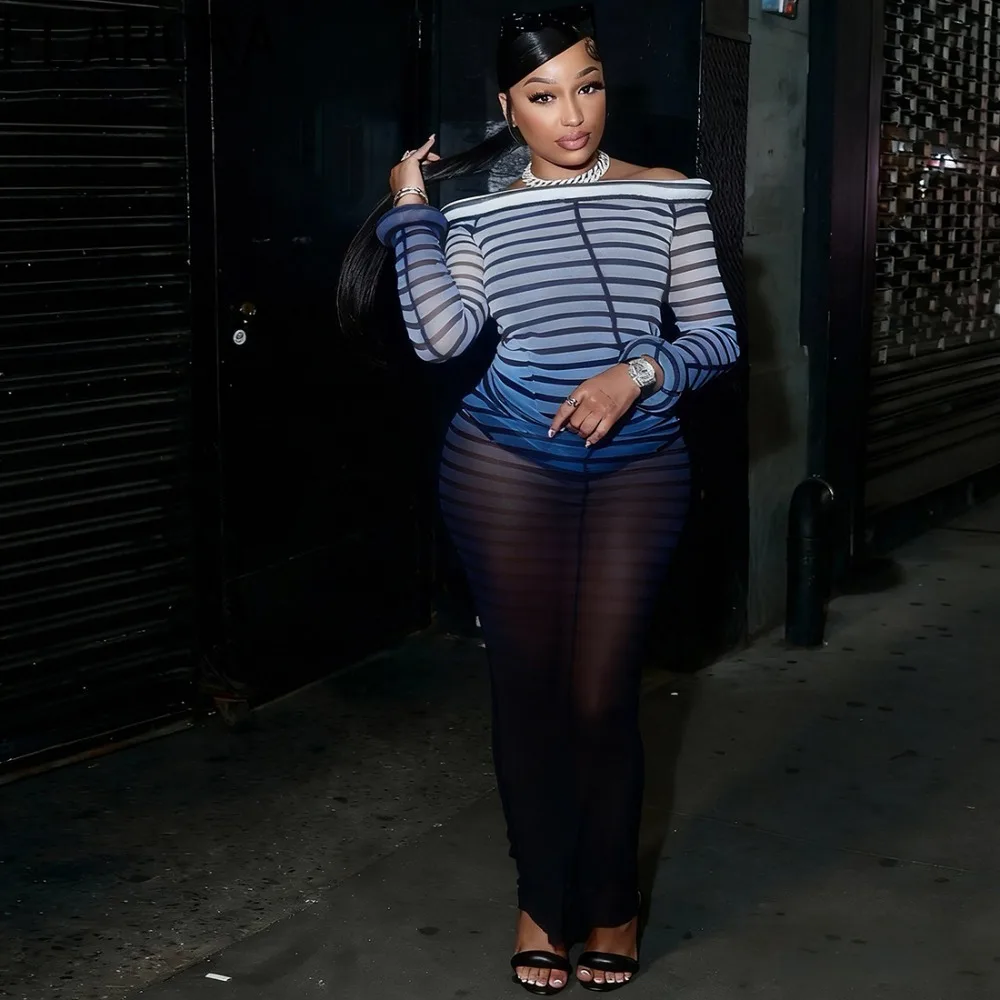 

FLARORA Sexy Stripe Printing Dress Woman Mesh See Through Off Shoulder High Waist Stretch Dresses Fancy Midnight Party Clubwear