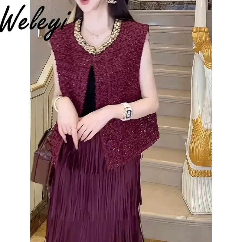 Elegant Beaded Round Neck Tweed Vest Coat Women 2024 Early Autumn New Luxury Wine Red O Neck Nail Diamond Vests Jacket Female