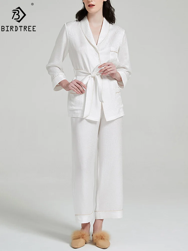 

Пижамный комплект BirdTree из 100% натурального шелка, Женский жаккардовый пижамный комплект с топом и брюками в клетку с птицами, домашняя одежда для сна, Осень-зима 2024 года, S48805QM