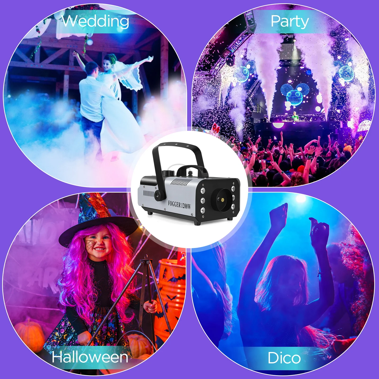 Datewink 1200W Smoke Fog Machine RGB 6LEDs Stage Lighting Effect Haze Generator Remote Control For Party DJ Disco Club Wedding