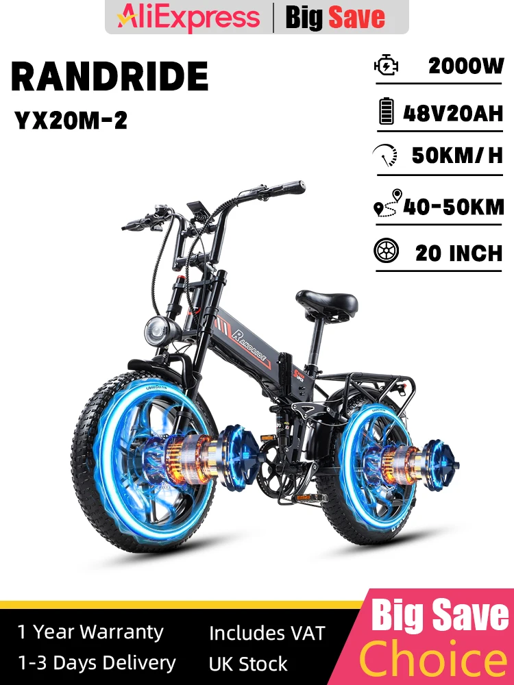 AliExpress RANDRIDE YX20M-2 Folding Ebike 2000W Dual Motor 48V 20AH 20*4.0" Fat Tire Electric Bicycle Snow Hydraulic Brake Electric Bike