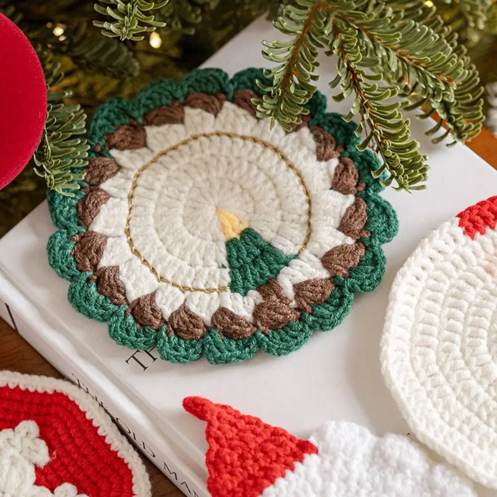 Present Idea Non Slip Christmas Coaster Handmade Yarn Crochet Non Slip Mat Knitted Christmas Coaster Set Gift for Family