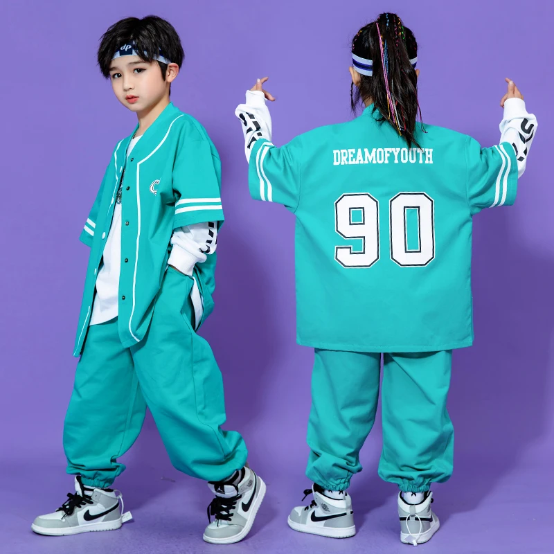 

2023 Kids Hip Hop Dance Costumes Blue Jacket Loose Pants Streetwear Girls Boys Jazz Modern Dance Performance Clothes DQS11970