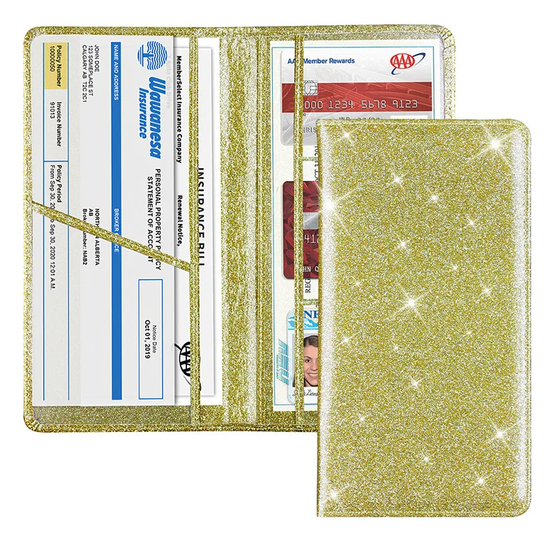 PU Leather Glittering Card Holder Car Insurance Document Protector Registration Certificate Wallet Organizer