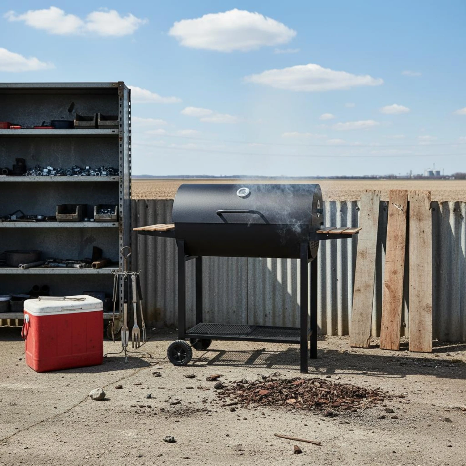 

Barrel Charcoal Grill Built-in Temperature Gauge Lidded Charcoal Barbecue Grill Outdoor Cooking Wooden Side Shelves