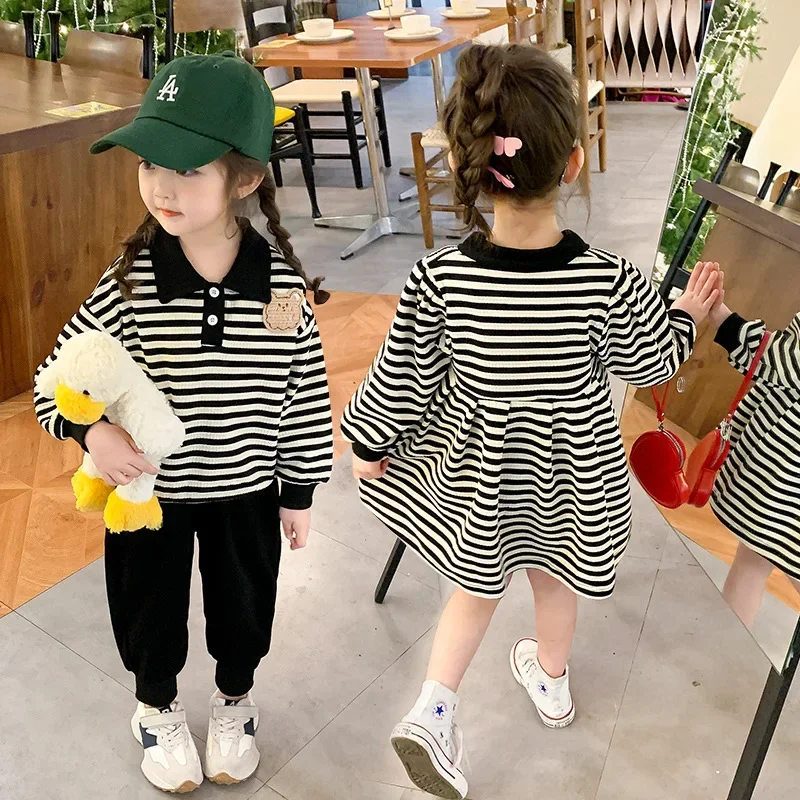 2023 Autumn Sister and Brother Matching Outfits Baby Girl Long Sleeve Dress Boys Top Pants Two Piece Sets Korean Childen Clothes