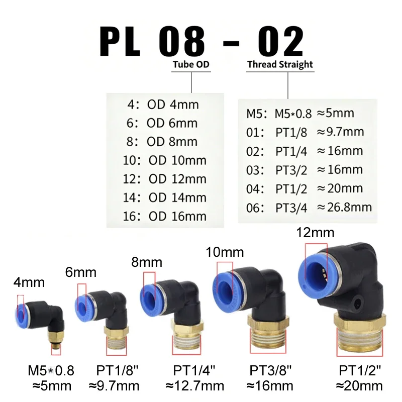 1PCS PL 4 6 8 10 12mm Pneumatic Quick Connect Swivel Elbow Push Fit Male Thread M5 PT1/8 PT1/4 PT3/8 PT1/2 for Air Hose Tube