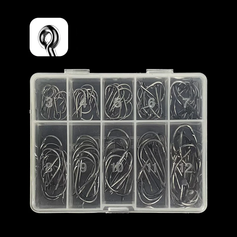 

70/100PCS Boxed Large Hook Metal Rust-proof Bent Line Isni 3-12# Barb Hook With Hole Gold Black Hook