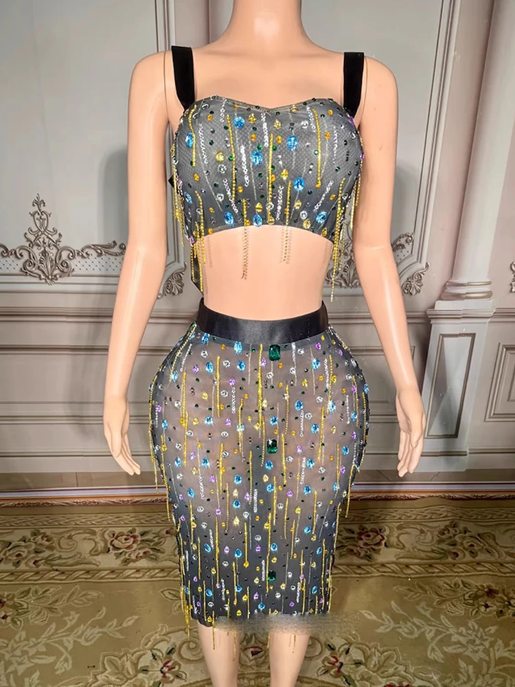 

High Quality Rhinestone Tassel Sexy Chest Wrap+See Through Mesh Skirt 2025 New Fashionable Custom Women'S Clothing