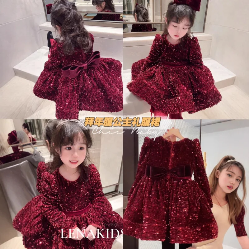 

Girls' Dress2025Spring New Children's Sequin Princess Dress Birthday Party New Year Greeting Outfit
