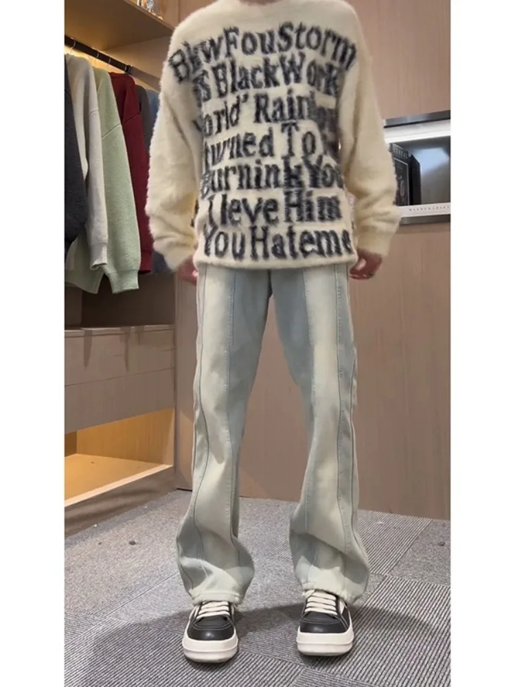 

Мужские джинсы с флисовой подкладкой, весенне-осенние, зимние, с высокой талией, широкие брюки, длинные прямые брюки, модная молодежная одежда