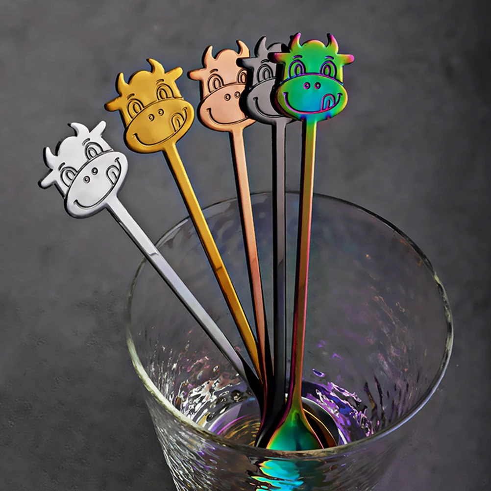 

5pcs Creative Cow Handle Spoons Stainless Steel Rust-Proof Coffee Dessert Stirring Mixing Crafted Cow Design Exquisite