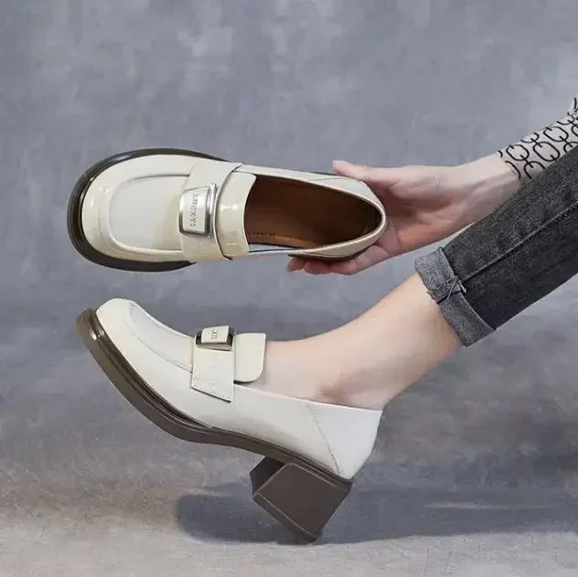 5.5CM Women Thick High Heel Loafers Genuine Leather Round Toe Slip On Pumps 2025 Ladies Patent Leather Trend Casual Shoes image 2