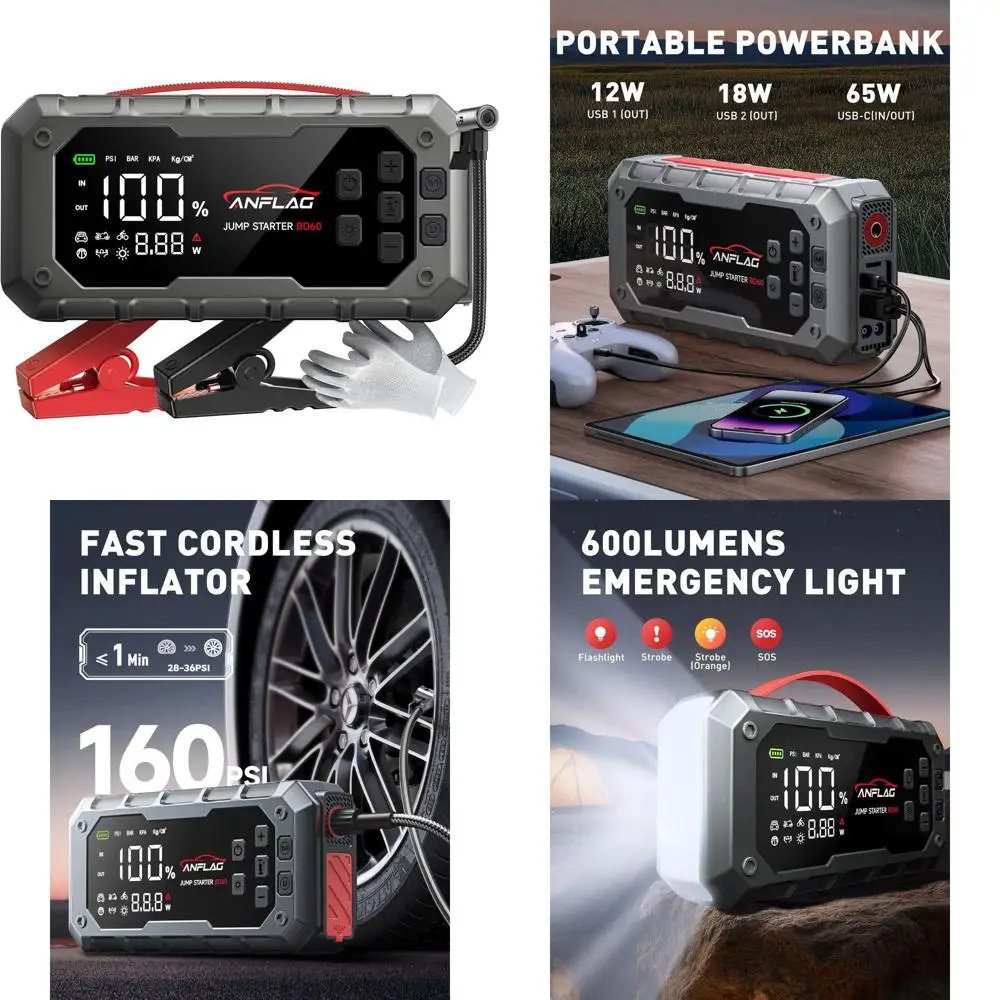 

Автомобильный стартер 10-в-1 с воздушным компрессором, блок стартера 8000A 160PSI (все газовые дизельные элементы/14 л), PD65W, зарядка аккумулятора Jum