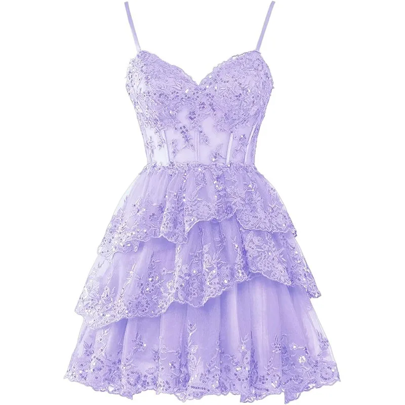 

Tiered Lace Tulle Homecoming Dresses for Teens 2025 Spaghetti Strap Sparkly Corset Short Prom Cocktail Gowns