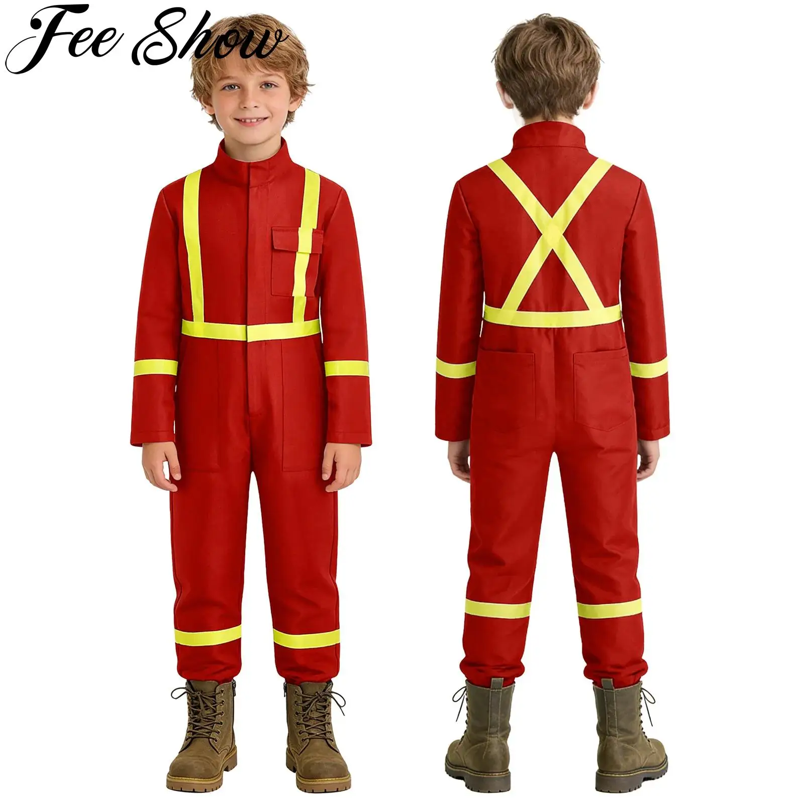 Kids Reflective Coverall Mechanic Overalls Halloween Firefighter Cosplay Costume Long Sleeve Zipper Cargo Jumpsuit with Pockets