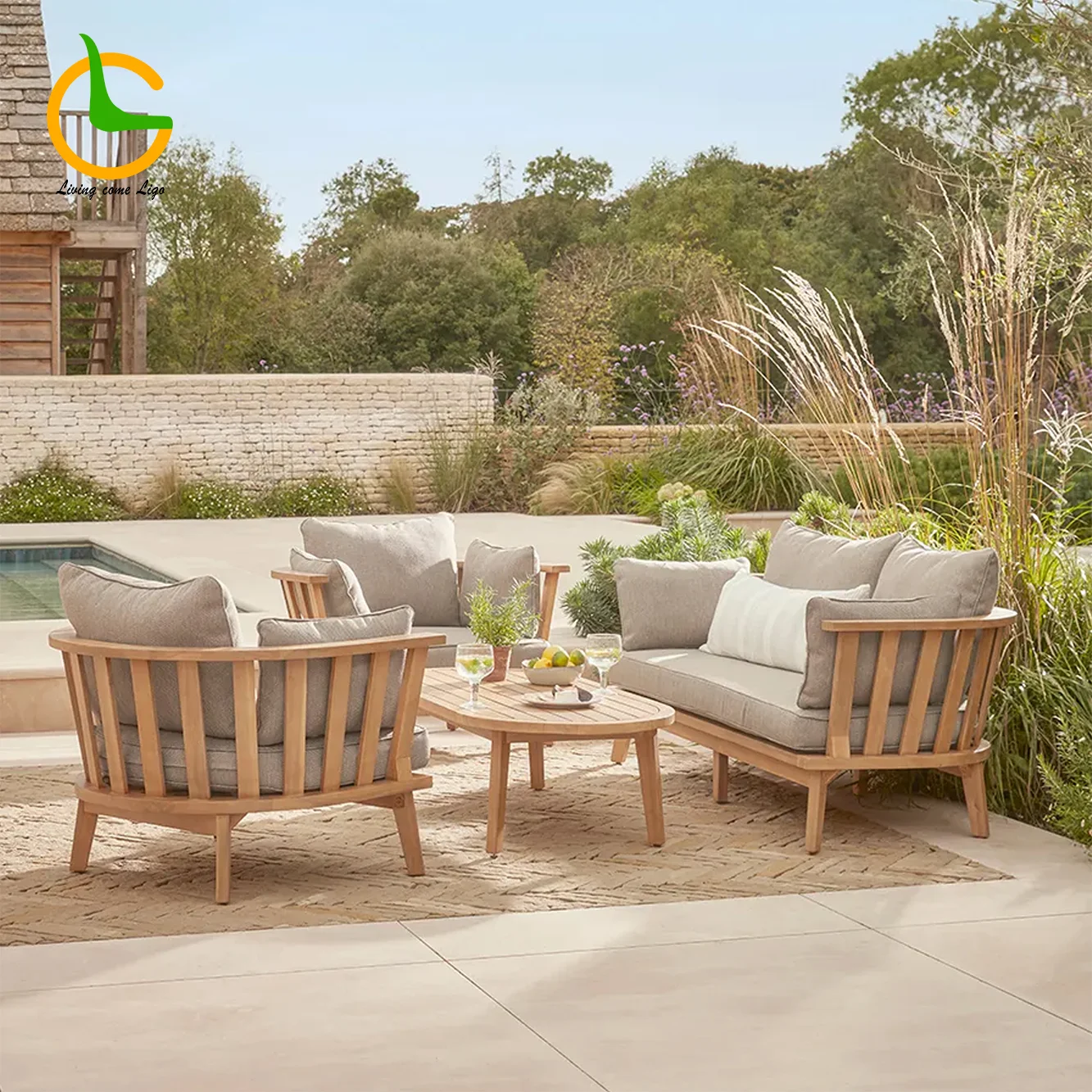 Premium Solid Wood Teak Modern Leisure Outdoor Waterproof Garden Sofa Set Eco-Friendly Patio Furniture