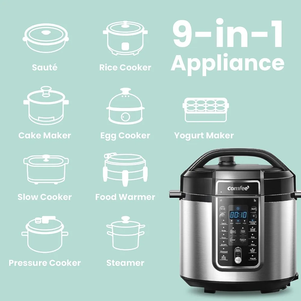 Pressure Cooker 6 Quart with 12 Presets, Multi-Functional Programmable Slow Cooker, Rice Cooker, Sauté pan, Warmer and More