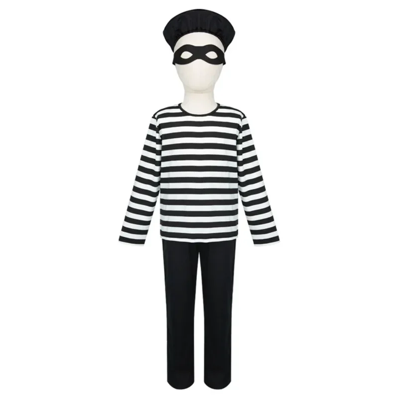 Dieb Cosplay Kostüm volle Sätze Einbrecher Verkleidung schwarz weiß Streifen für Kinder Outfit Halloween Karneval Party Kleidung Rollenspiel