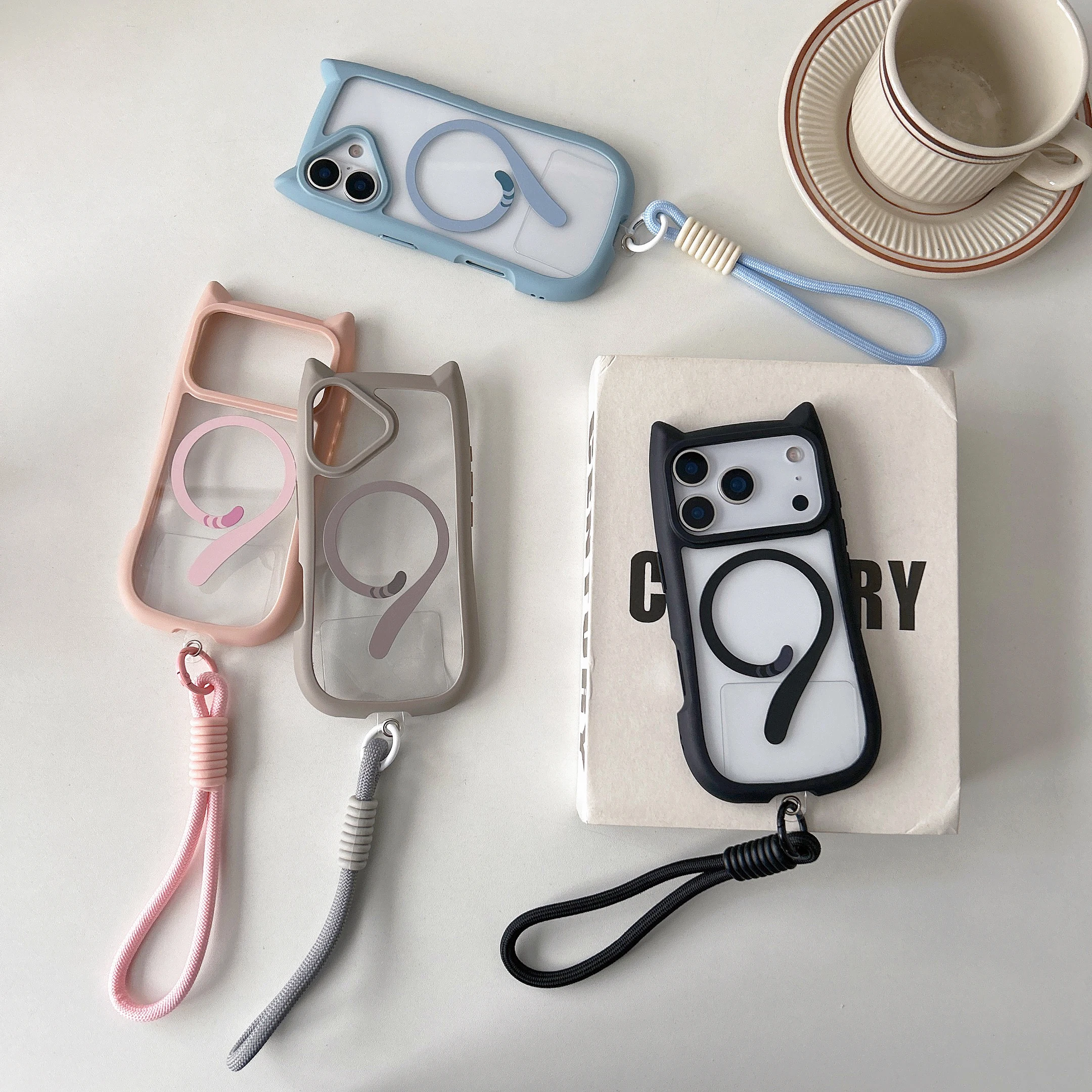 3D Cat Ear Cute Lanyard Magnetic Transparent Case For iPhone 17 16 15 14 13 12 Pro Max Mini Wristband Clear For Magsafe Cover