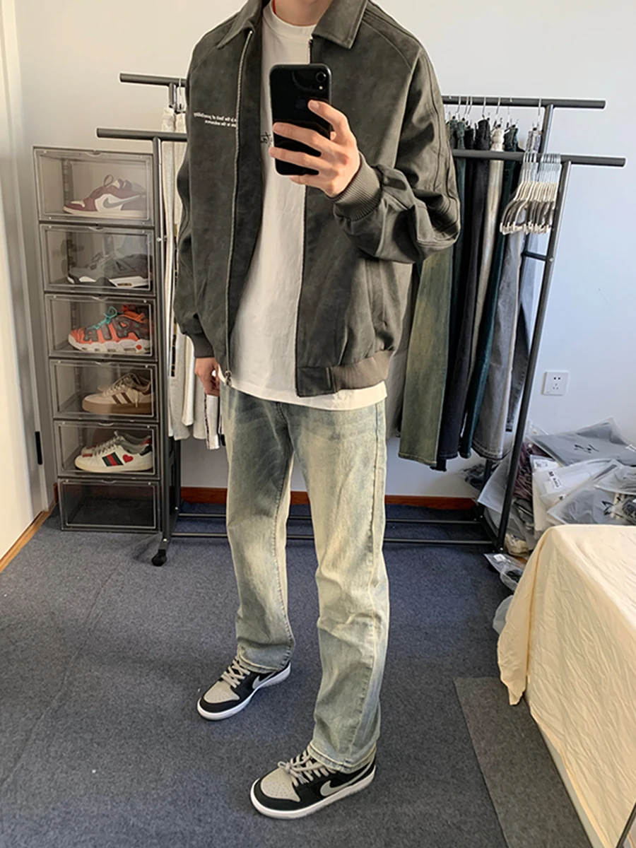 

Retro Blue Knife Men's Jeans CleanFit Flared American High Street Cool Slim Straight Leg Denim Pants Youth Trendy