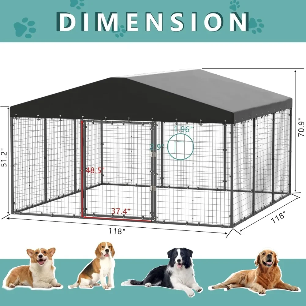 Large Outdoor Dog Kennel, Heavy Duty Dog Cage with Waterproof Roof, Galvanized Steel Dog Fence