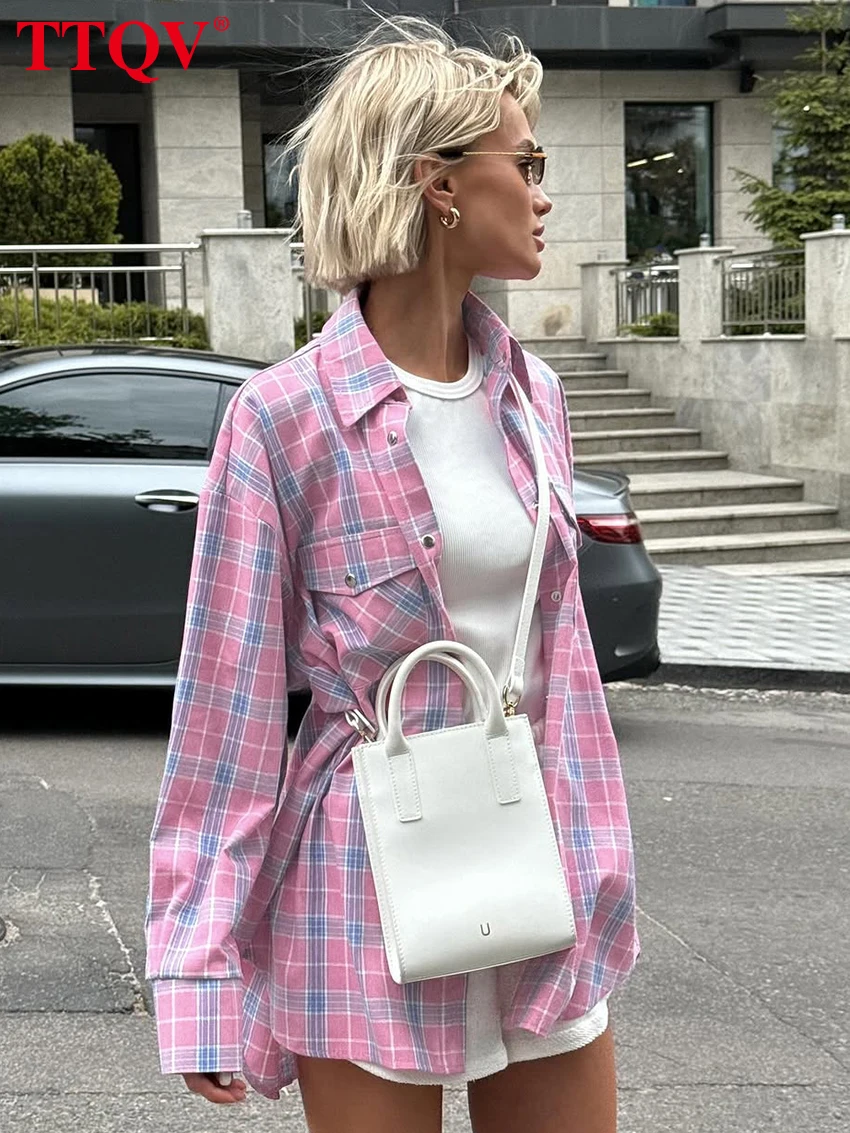 

Женская рубашка TTQV Fashion свободного кроя в розовую клетку, винтажная, с отложным воротником, длинным рукавом, элегантный классический топ, женская одежда, коллекция 2026