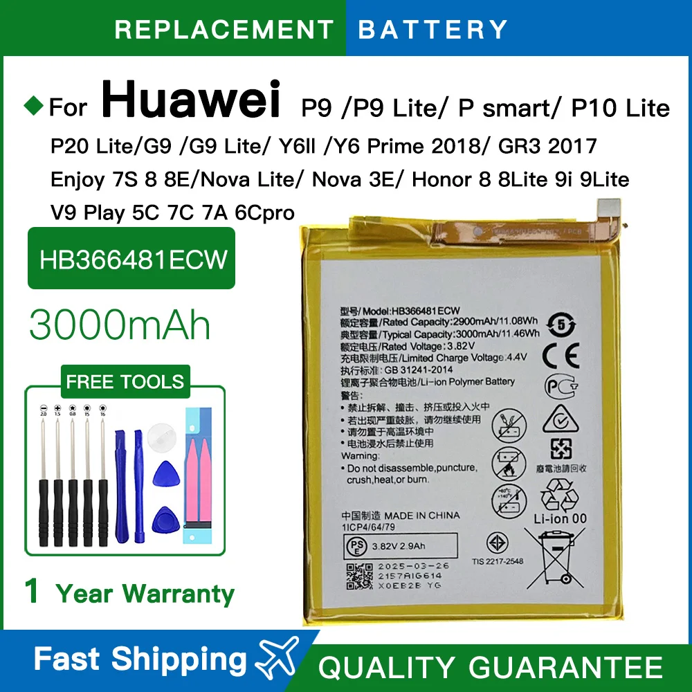 Nuevo HB366481ECW para Huawei p9 /p9 lite honor 8 p10 lite y6 II p8 lite 2017 p20 lite honor 5C Ascend P9 batería + herramientas gratuitas