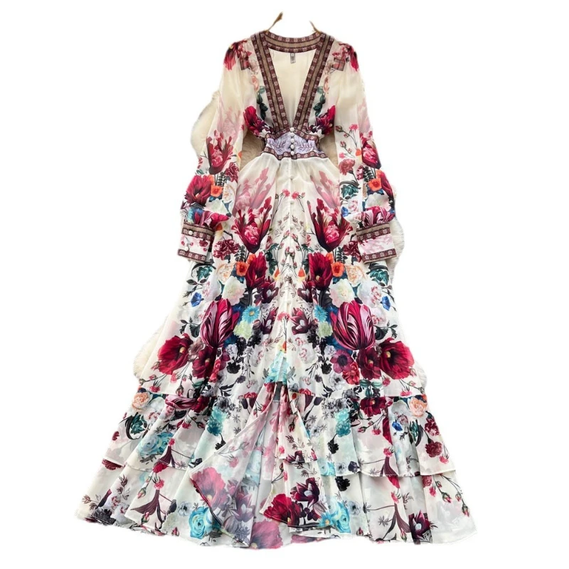 Długa sukienka damska Sukienki z nadrukiem Kwiatowa linia Vestidos Streetwear V Neck Wysoka talia Elegancki Maxi Splice Y2k Party Club Wedding