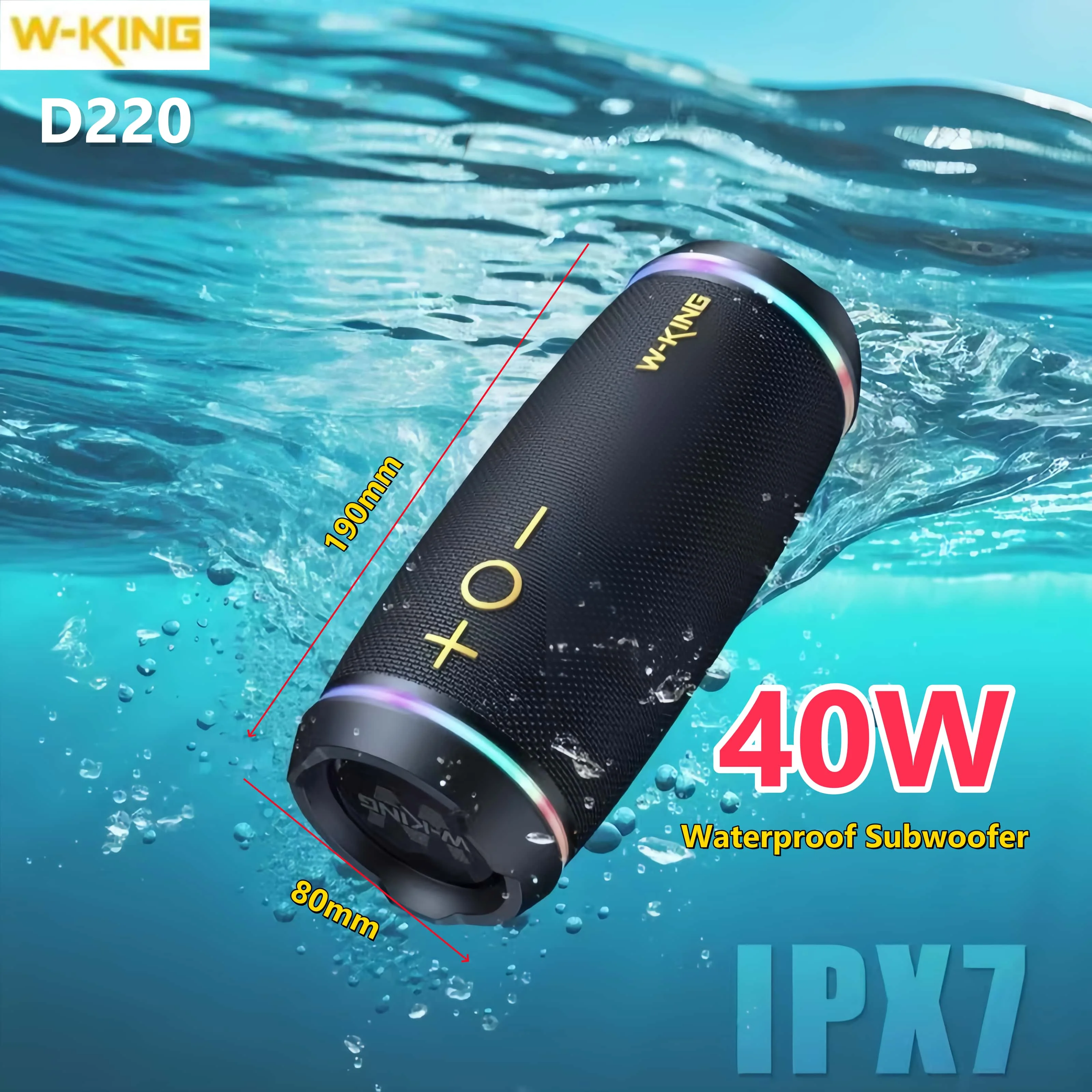 

W-KING D220 RGB Lighting Wireless Bluetooth Speaker 40W Heavy Bass IPX7 Waterproof Outdoor Wireless Subwoofer for Cycling Hiking