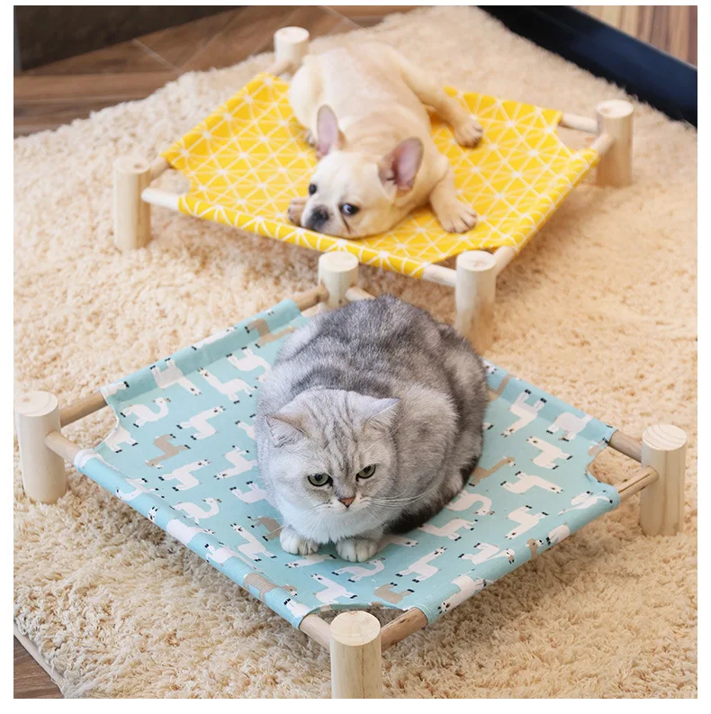 Elevated Dog Cat Bed Wooden Furniture Canvas Mat Pet Puppy Cat Hammock Lounger Bed Pet Sleeping Supplies for Rabbit Cat Dog