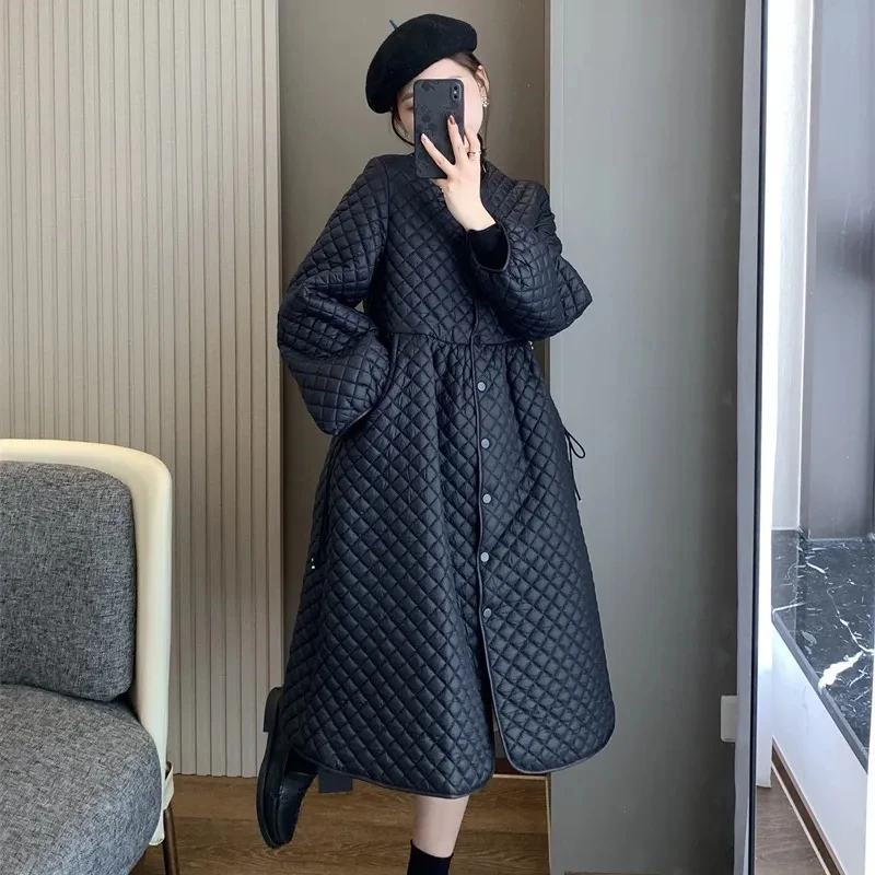 Women\'s Cotton Coat Retro Rhombus Grid Loose And Light Quilted Cotton Winter Outerwear Mid-Length Warm Cotton Windbreaker Dress