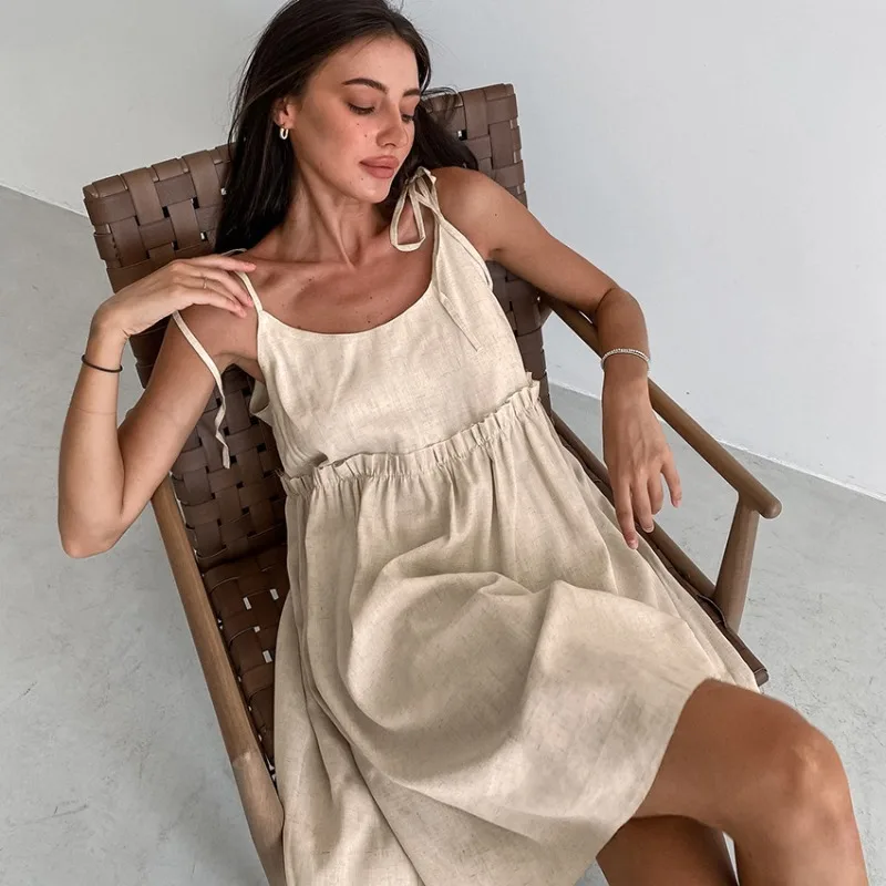 2026 New Women's Summer Loungewear Breathable Cotton Linen Cross Back Nightgown Pajamas Styles L Size Sleeveless Women Casual