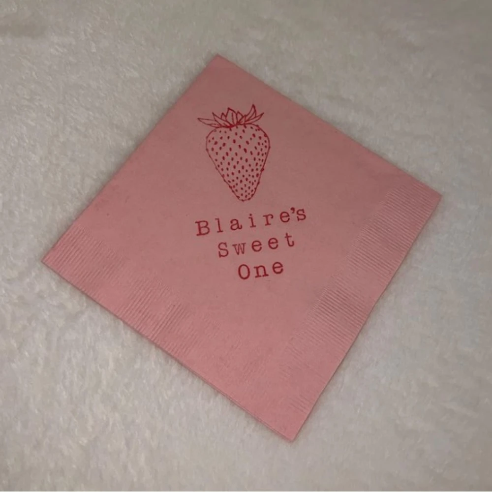 50Pcs PersonalizedStrawberry Girls Baby Shower Napkins, Custom Birthday Party Light Pink Beverage Napkins in Light Pink ink