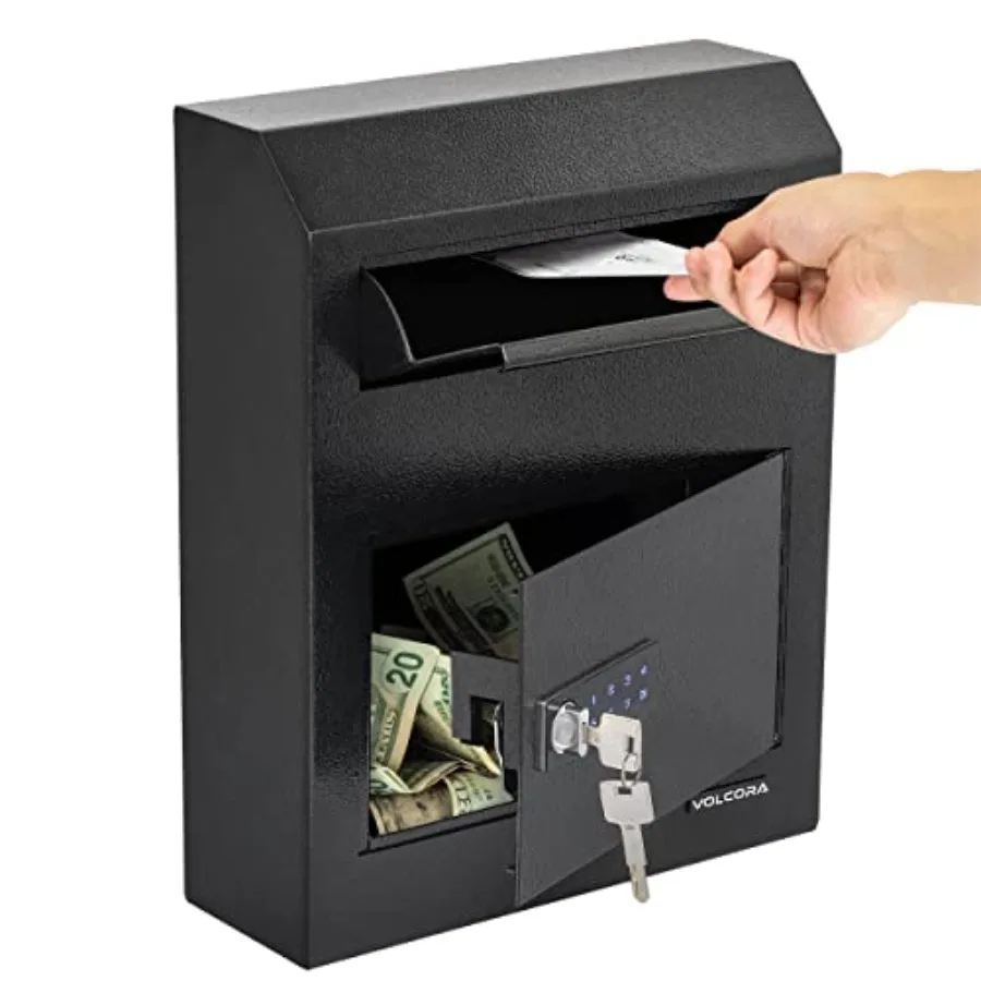

Business cash drop box with digital keypad lock, stainless steel, black, programmable electronic lock for indoor wall-mount use