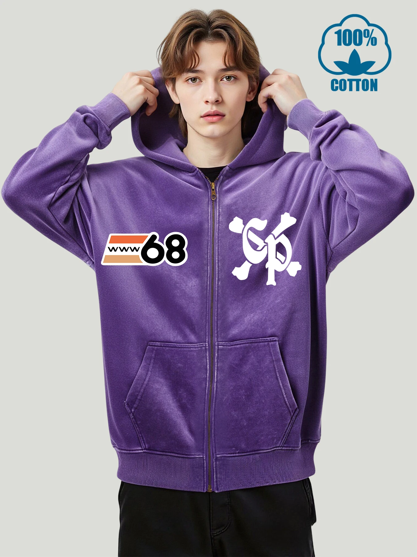 

Icon 68 Art Letter C P Print Mens Washed Zip-Up Jackets Fashion Cotton Hoodies Autumn Loose Pullover Unisex Retro Streetwear