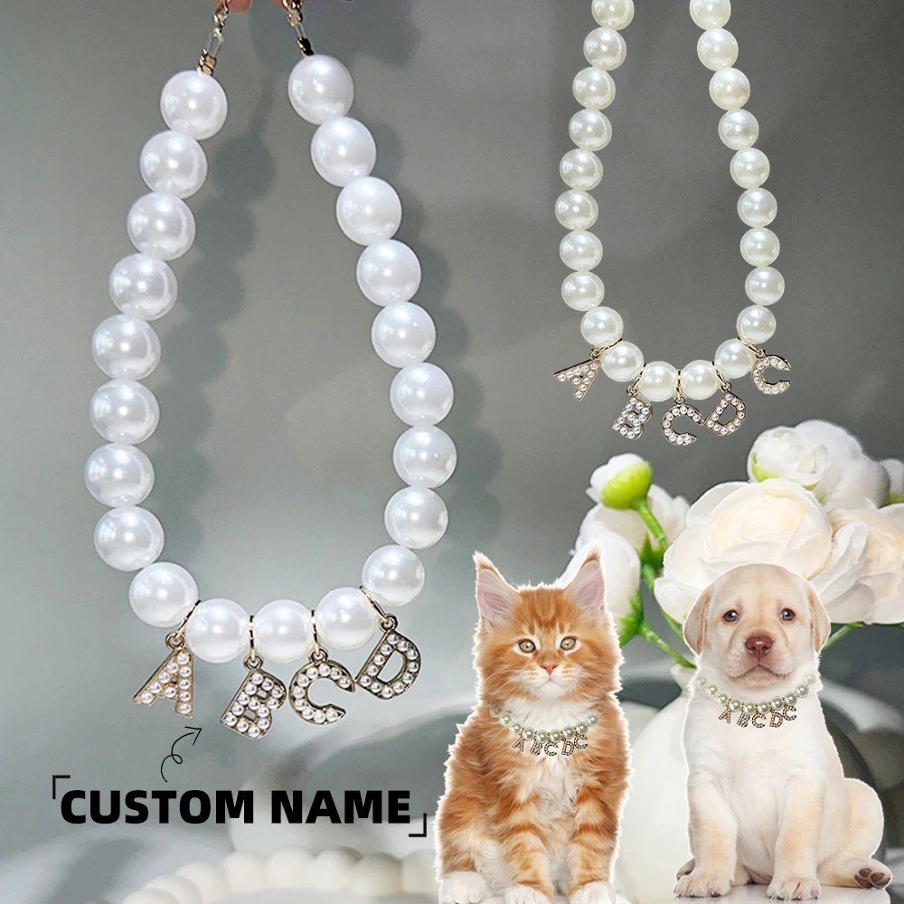 

Personalised Elegant BIG Pearls 14mm Pet Necklace Collar - Custom Name Letters for Cats & Dogs Plastic Adjustable White Beige