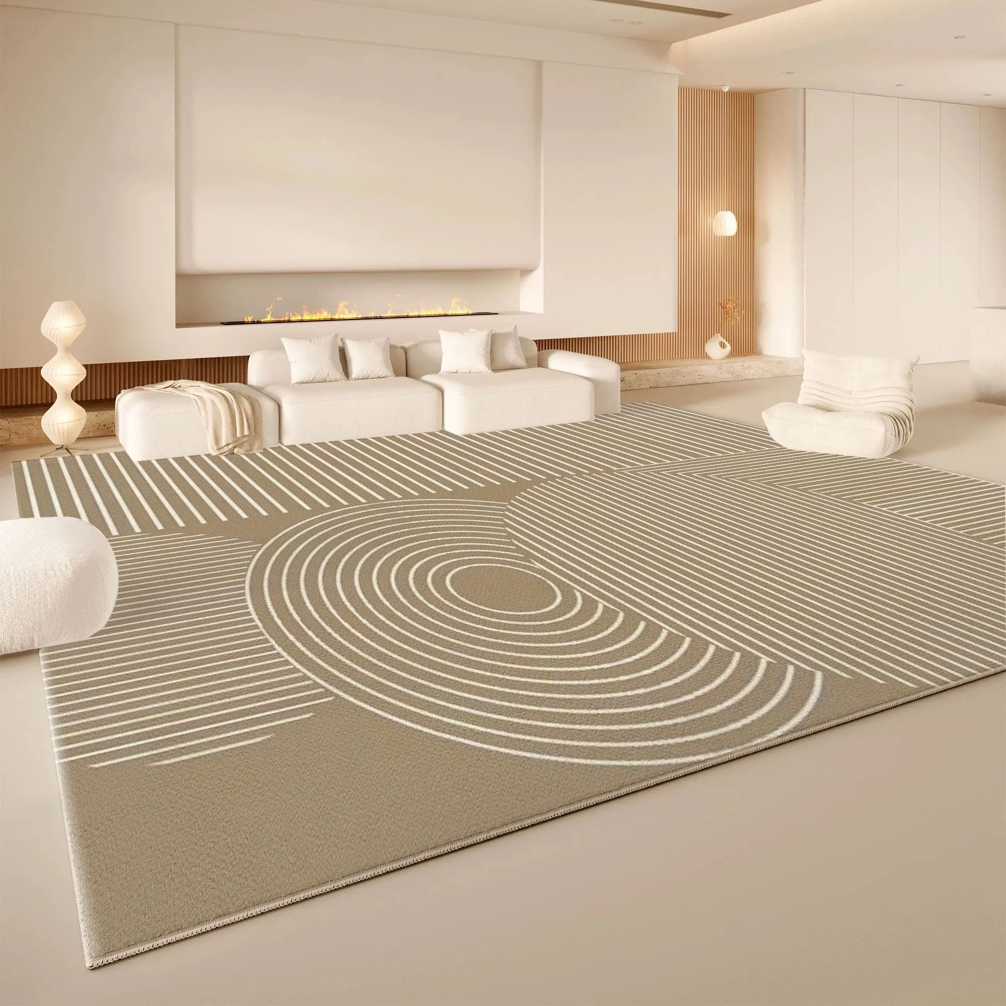 VIKAMA Beige Concentric Circle Stripe Area Rug Washable Non Slip Living Room Carpet Neutral Wabi Sabi Home Floor Decor Rug Mat